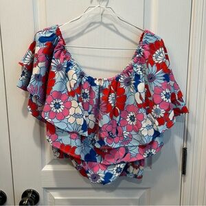 Sugarlips Women’s Layered Off the Shoulder Crop Top in Red & Blue Floral MD NWT